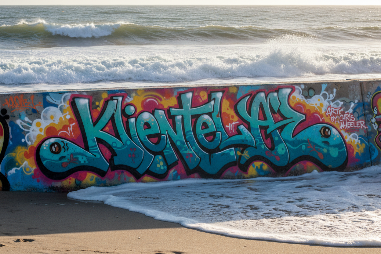 graffiti on the beach with waves